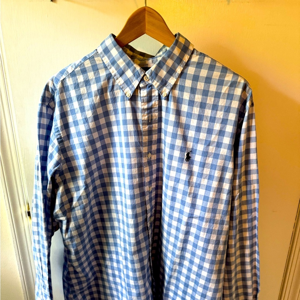 Ralph Lauren Blue and White Checkered Button Up Size XL- light weight - Picture 2 of 5